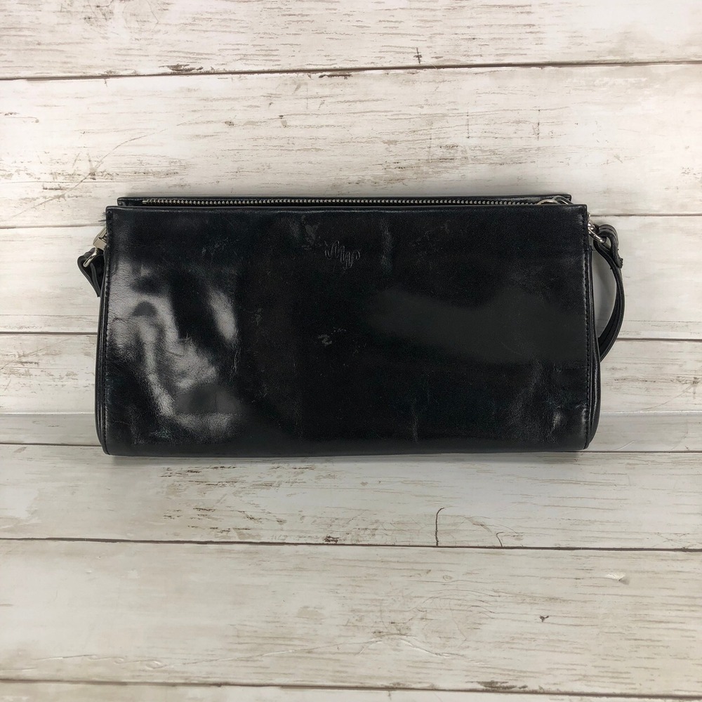 Monsac Black‎ Leather Baguette Shoulder Bag Minimalist Y2K Zip Top Pocket